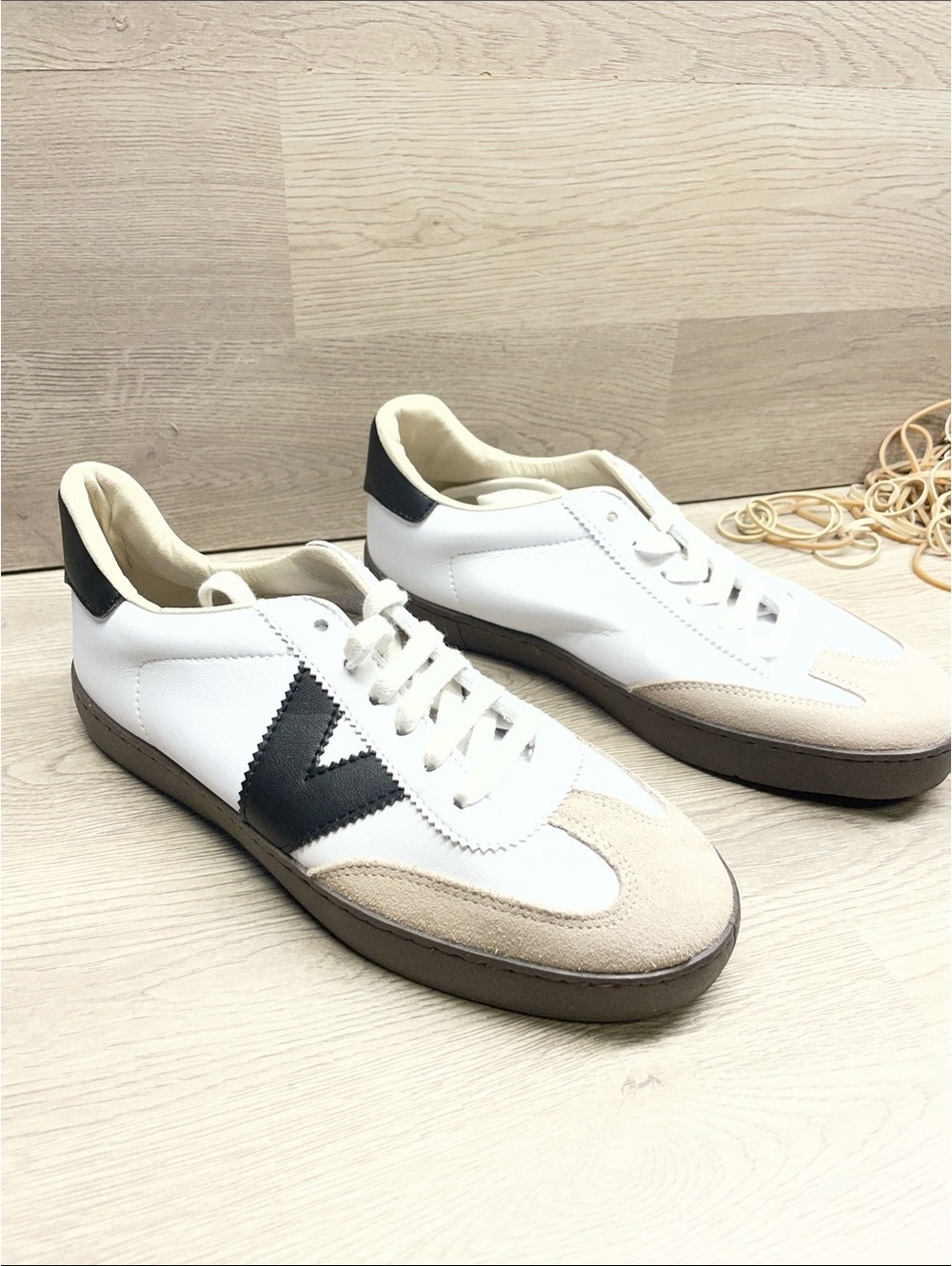 Victoria/Tomas White Sneakers with Black V and Beige Suede #1374